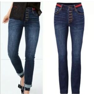 CAbi Dark Blue Button fly High-Rise Skinny Jeans with Red Trim Waistband